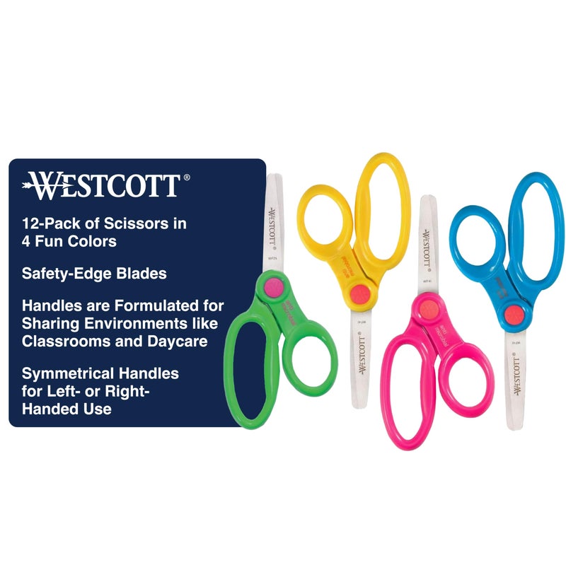 Westcott 14871 Right- and Left-Handed Scissors, Kids' Scissors, Back to School, Classroom Supplies, Ages 4-8, 5-Inch Blunt Tip, Assorted, 12 Pack - Image 1